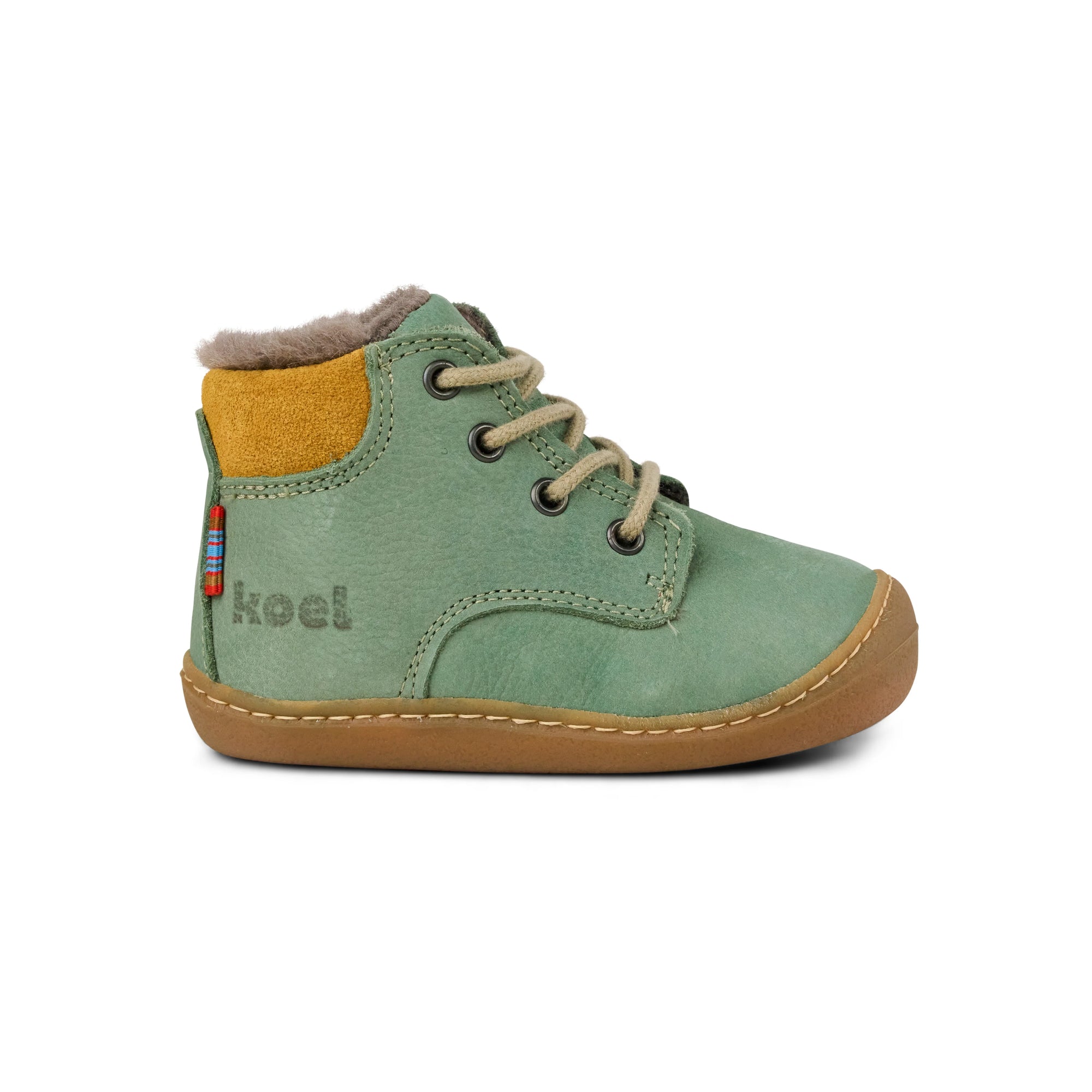 Koel Barefoot Bill Nubuk Barfuß Lauflernschuh zum Schnüren Olive Lammfell-Futter - keks.