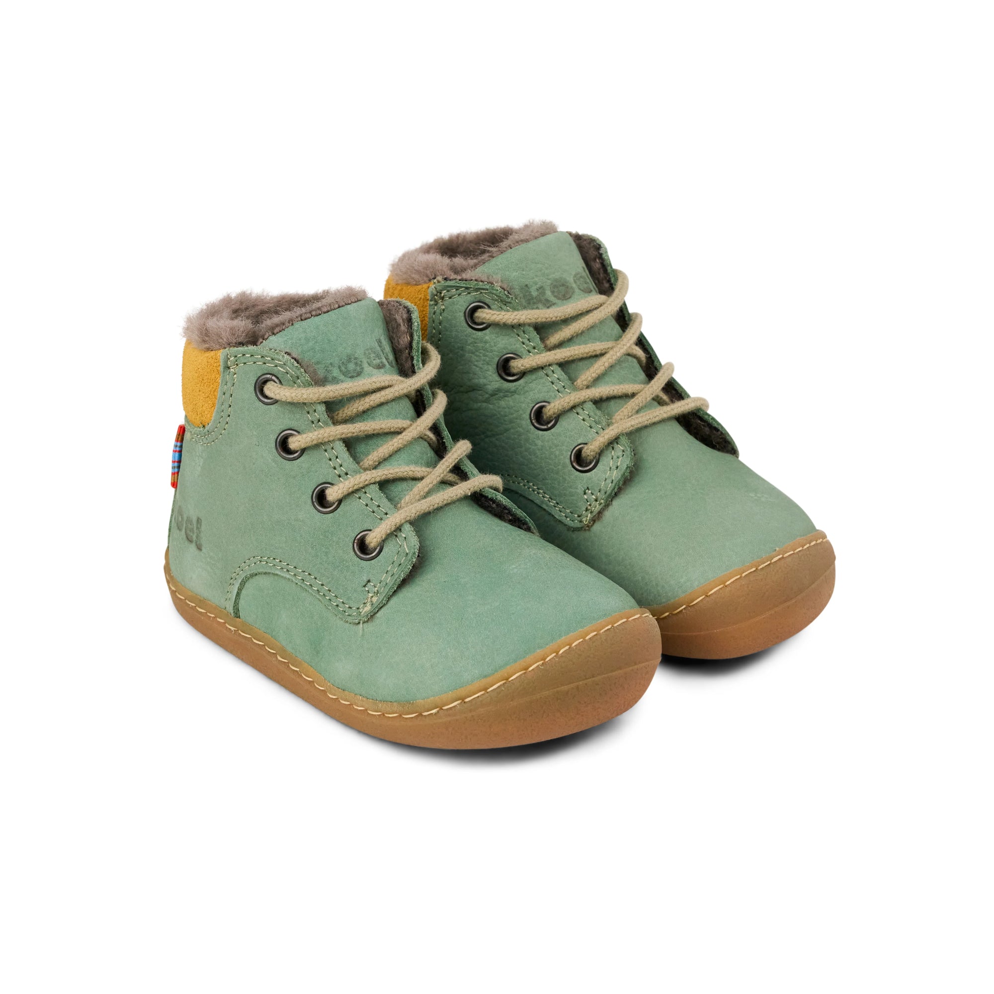 Koel Barefoot Bill Nubuk Barfuß Lauflernschuh zum Schnüren Olive Lammfell-Futter - keks.