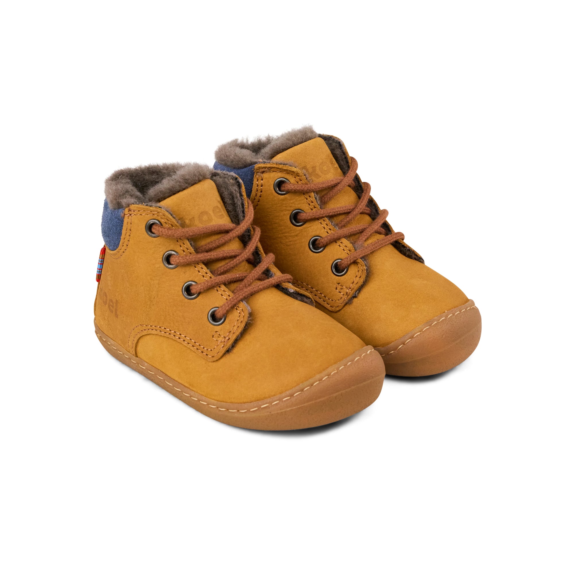 Koel Barefoot Bill Nubuk Barfuß Lauflerner zum Schnüren Cognac Lammfell-Futter - keks.