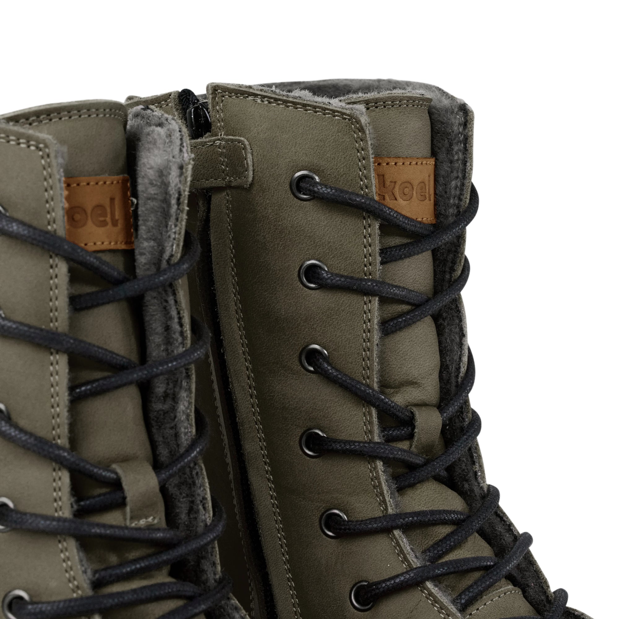 Koel Women Barefoot Faro Barfuß-Schnürstiefelette mit Reißverschluss Khaki Lammfell-Futter - keks.