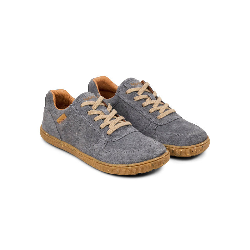Koel Barefoot Francie grey suede eco sneakers showing a side view with laces and flexible sole.