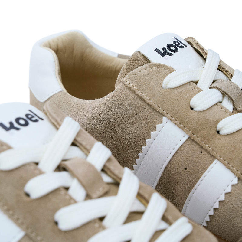Beige Koel Barefoot Francie II suede sneakers showcasing a stylish, minimalist design with flexible soles.