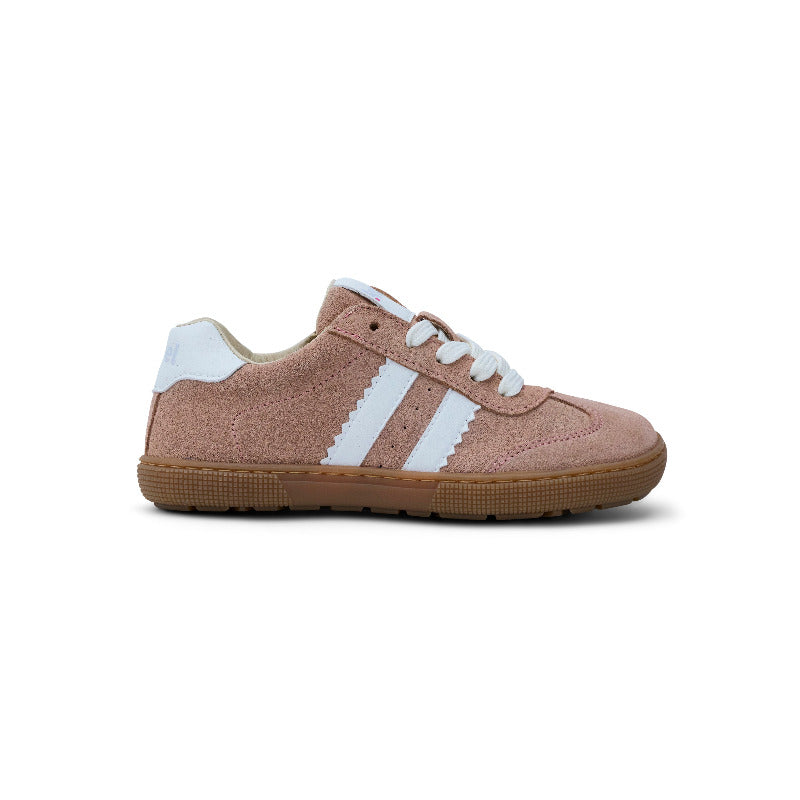 Koel Barefoot Declan suede sneakers in soft pink with laces and zipper, perfect for comfortable and stylish wear.