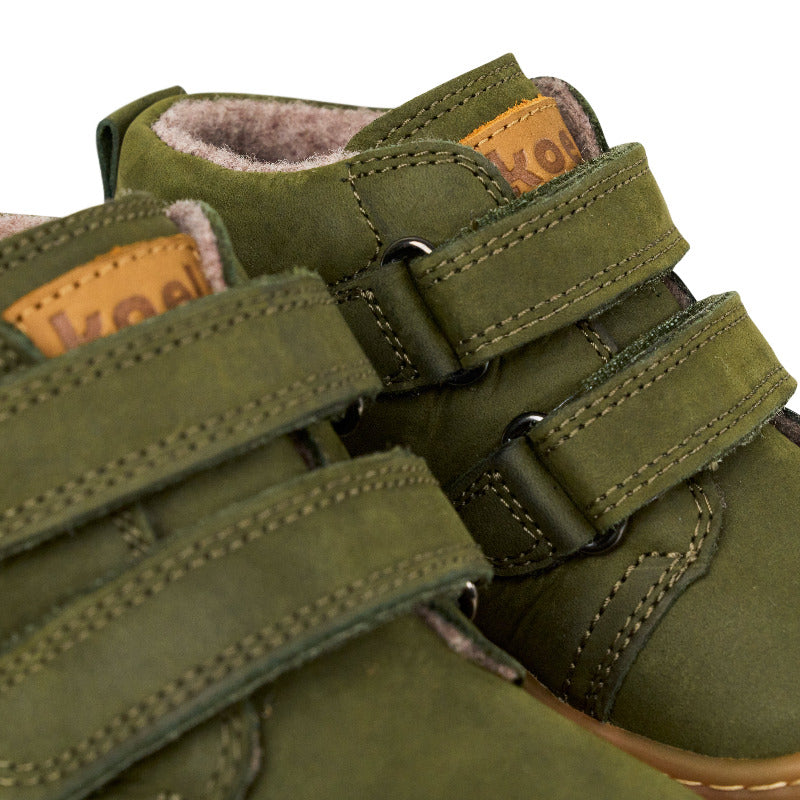 Koel Barefoot Kari Wool wasserdichter Barfußschuh mit Klettverschluss Green Wollfilz-Futter