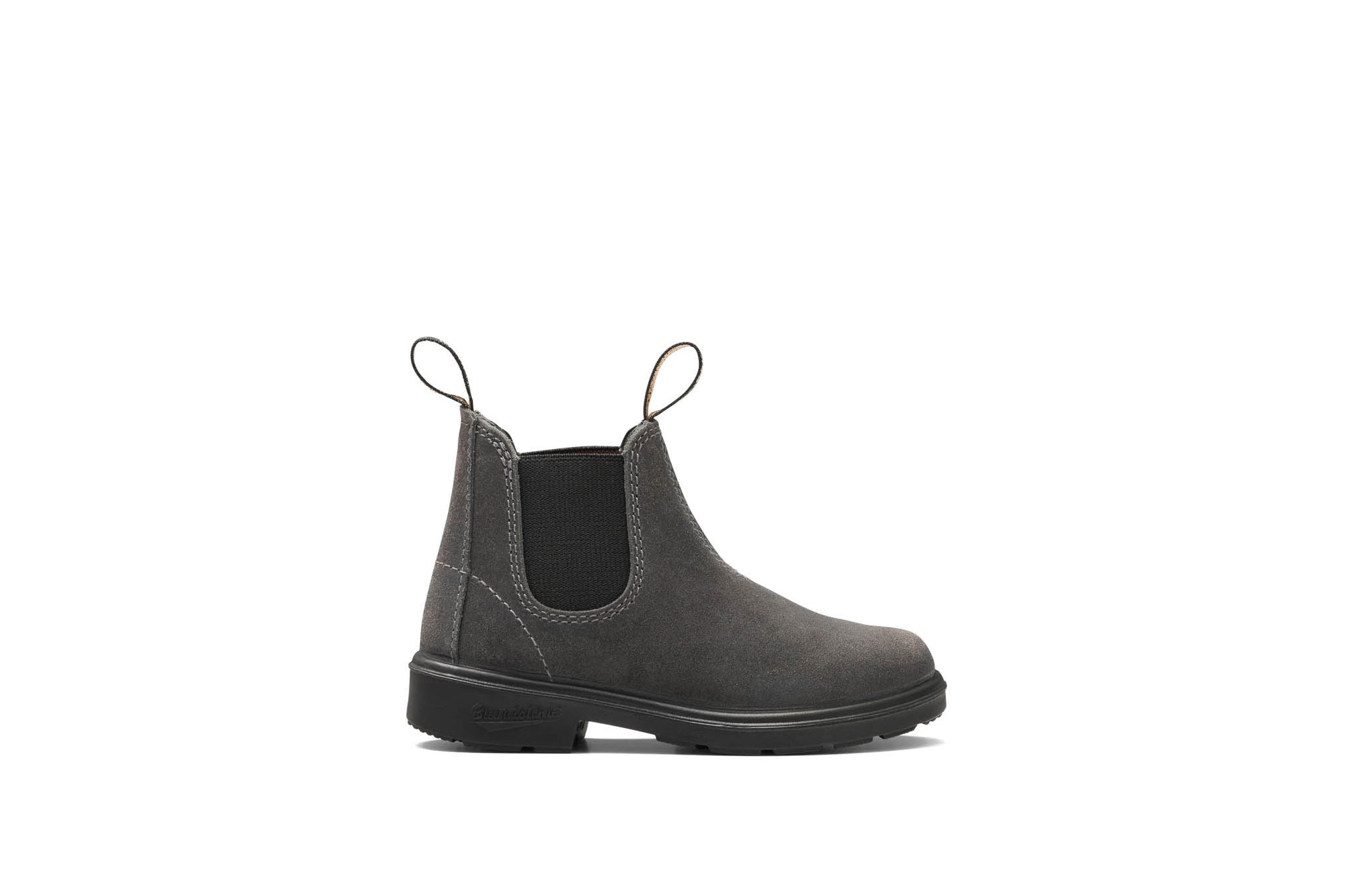 Blundstone Chelsea Boot rustikales grau, Foto von der Seite, wasserdicht mit robuster Sohle, seitliche Gummis Ton in Ton. schwarze Sohle