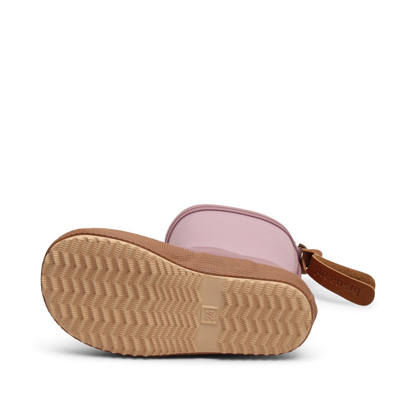 Schöne Gummistiefel von Bisgaard. Pink und Lavendelfarbend gemustert. Ansicht von der Sohle