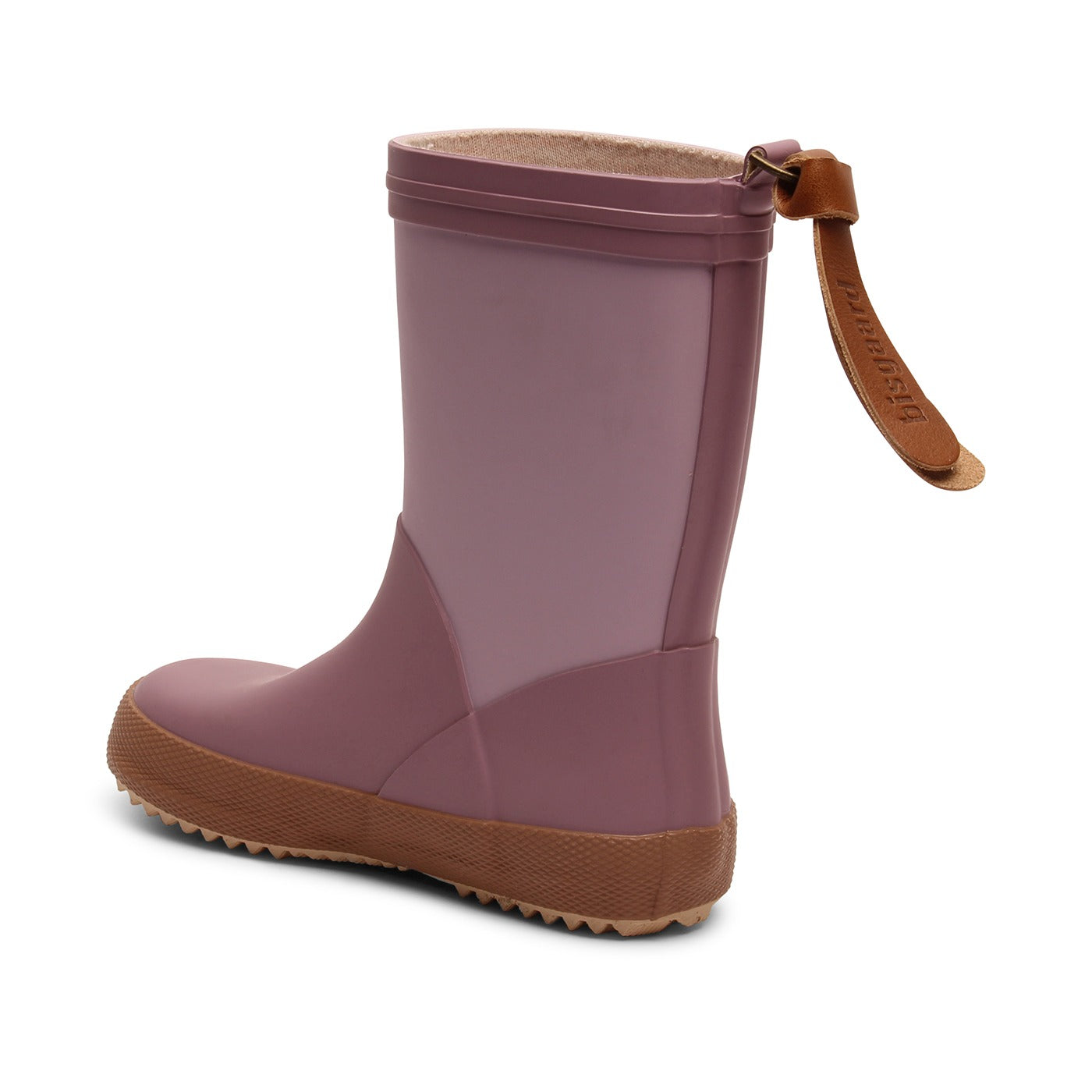 Schöne Gummistiefel von Bisgaard. Pink und Lavendelfarbend gemustert. Ansicht von schräg hinten