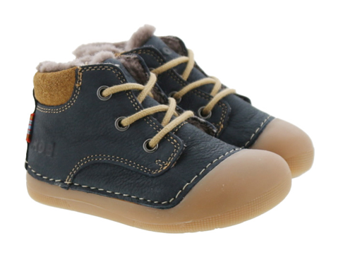 Koel Barefoot Ava Bio Nubuk Barfuß Lauflernschuh zum Schnüren Blue Lammfell-Futter - keks.