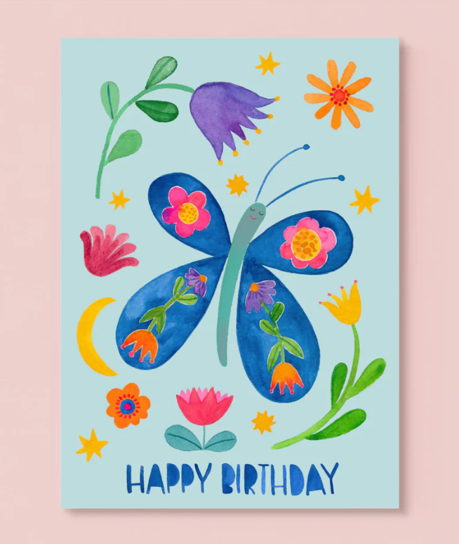 Frau Ottilie Postkarte Geburtstagskarte "Happy Birthday" mit Schmetterling