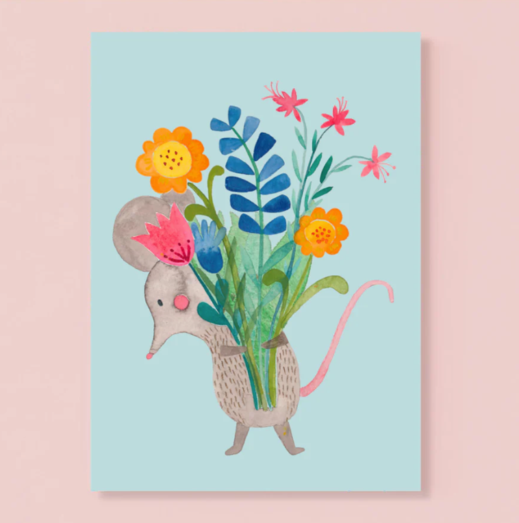 Frau Ottilie Postkarte Glückwunschkarte "Maus mit Blumen" - keks.