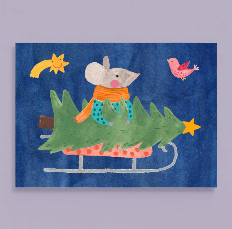 Frau Ottilie Postkarte  Weihnachtskarte "Maus mit Weihnachtsbaum"