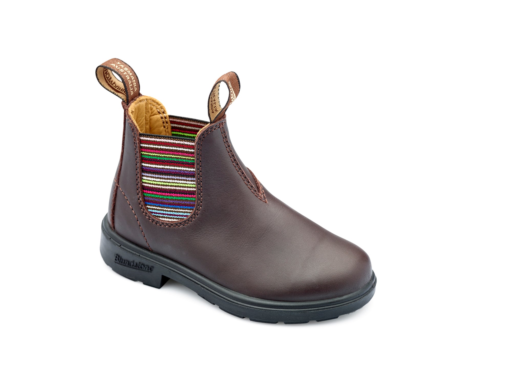 Blundstone Chelsea Boots für Kinder, dunkelbraun an beiden Seiten  Gummi mit bunten Streifen, wasserdicht und robuste schwarze Sohlen mit Gripp.