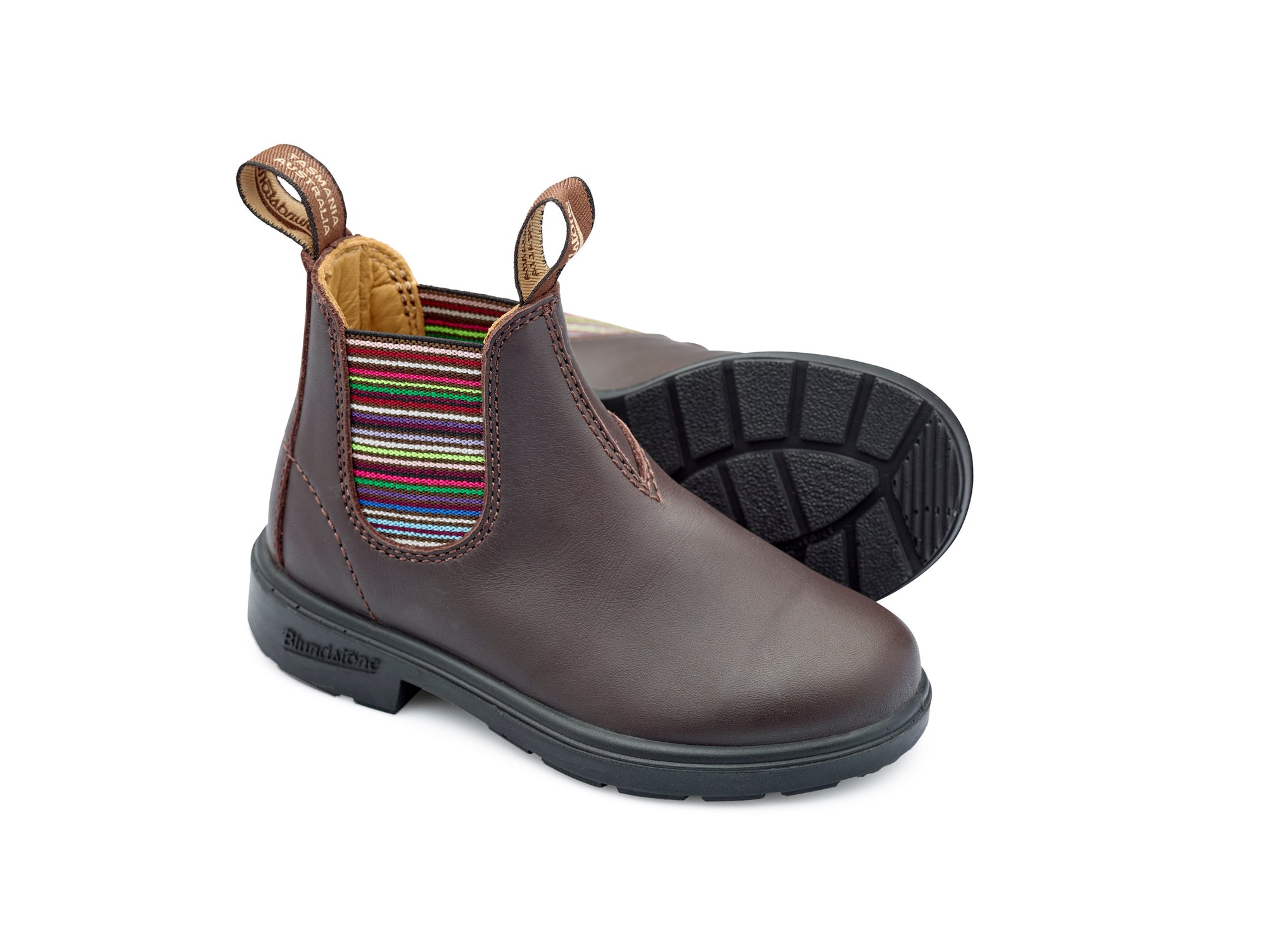 Blundstone Chelsea Boots für Kinder, dunkelbraun an beiden Seiten  Gummi mit bunten Streifen, wasserdicht und robuste schwarze Sohlen mit Gripp.