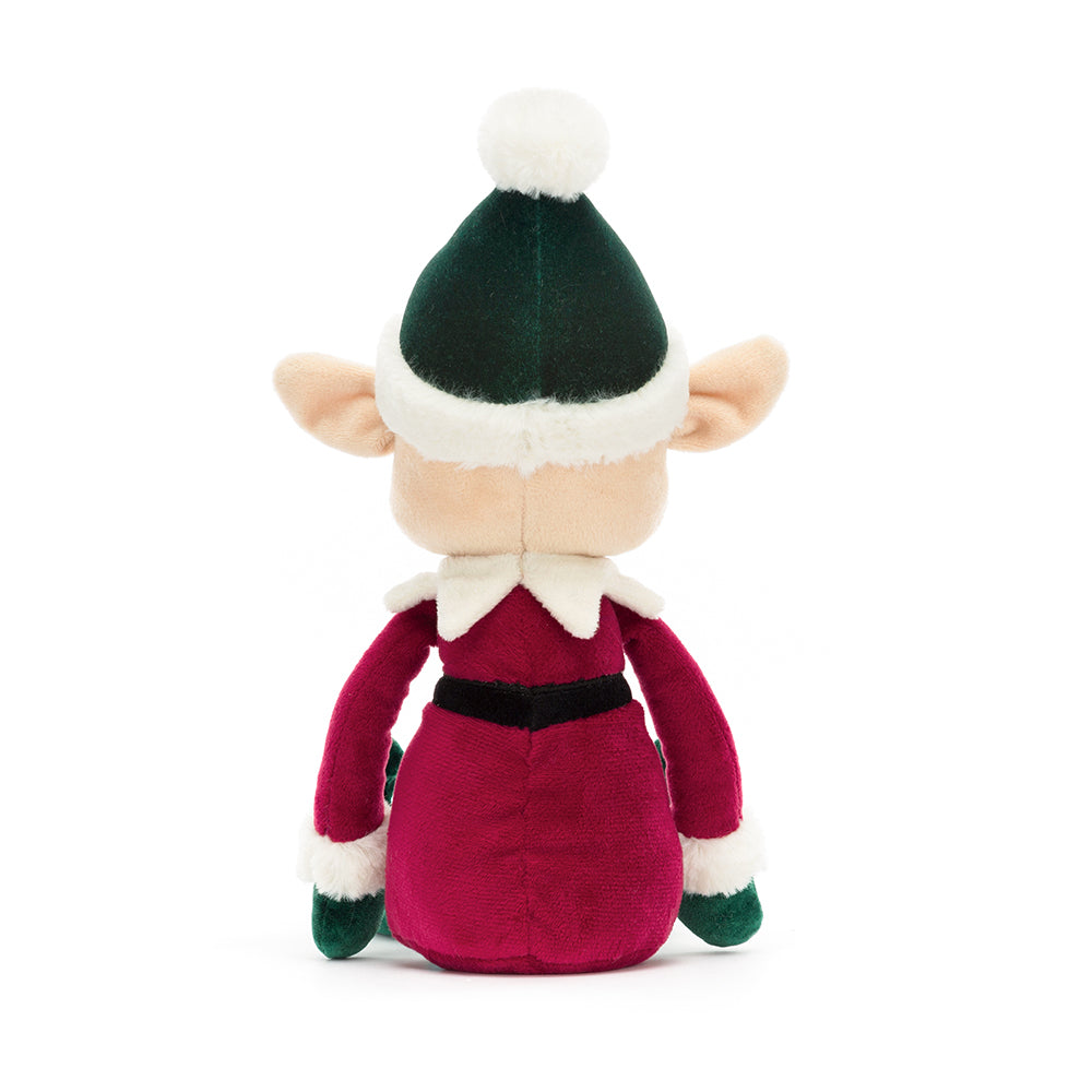Jellycat Eldo Elf Plüschfigur. Weihnachtself mit heller Haut, rosanen Bäckchen und  Weihnachtsoutfit, ideal als Begleiter für Kids und als Deko ür die Weihnachtszeit, jetzt online kaufen und offline im keks. Kinderschuhladen Bielefeld.