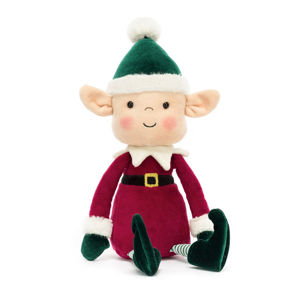 Jellycat Eldo Elf Plüschfigur. Weihnachtself mit heller Haut, rosanen Bäckchen und  Weihnachtsoutfit, ideal als Begleiter für Kids und als Deko ür die Weihnachtszeit, jetzt online kaufen und offline im keks. Kinderschuhladen Bielefeld.