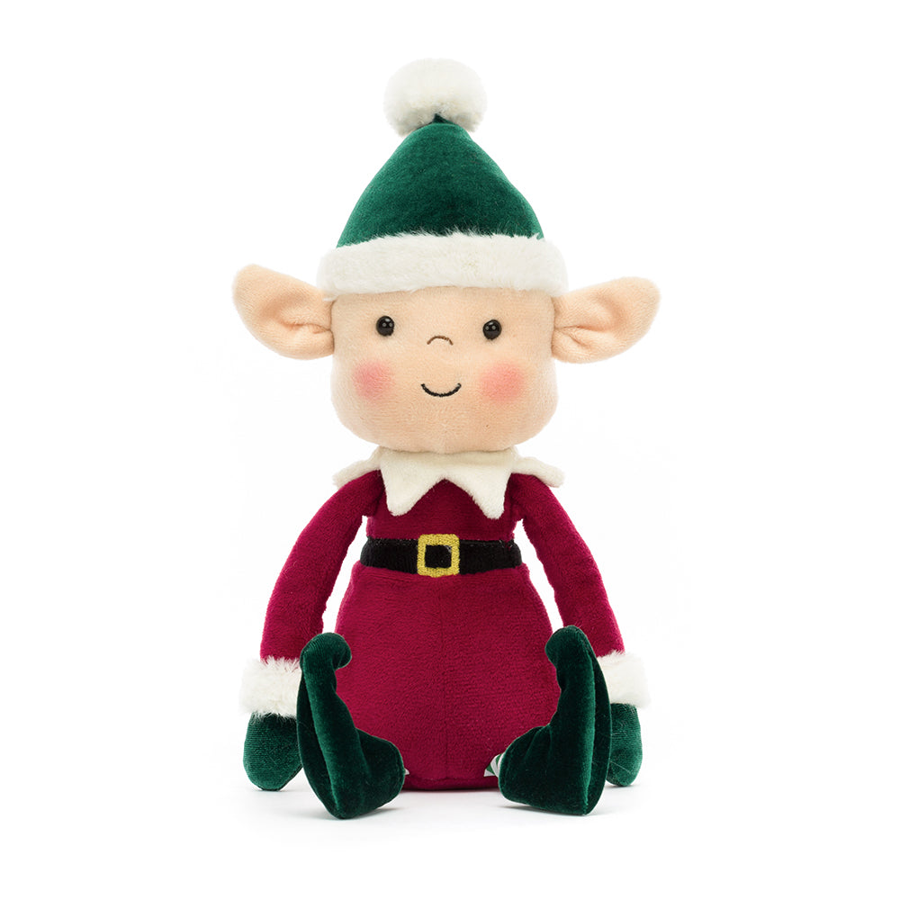Jellycat Eldo Elf Plüschfigur. Weihnachtself mit heller Haut, rosanen Bäckchen und  Weihnachtsoutfit, ideal als Begleiter für Kids und als Deko ür die Weihnachtszeit, jetzt online kaufen und offline im keks. Kinderschuhladen Bielefeld.