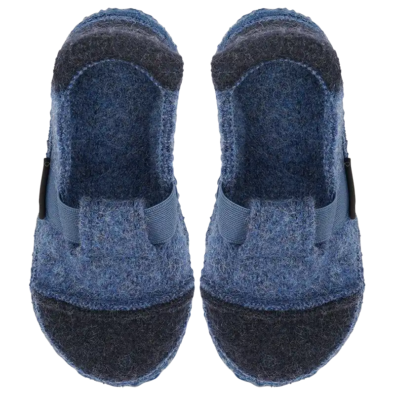 Coole Nanga  Hausschuhe in Dunkelblau aus Wolle. Kinderhausschuhe mit Gummiband, Ansicht von oben