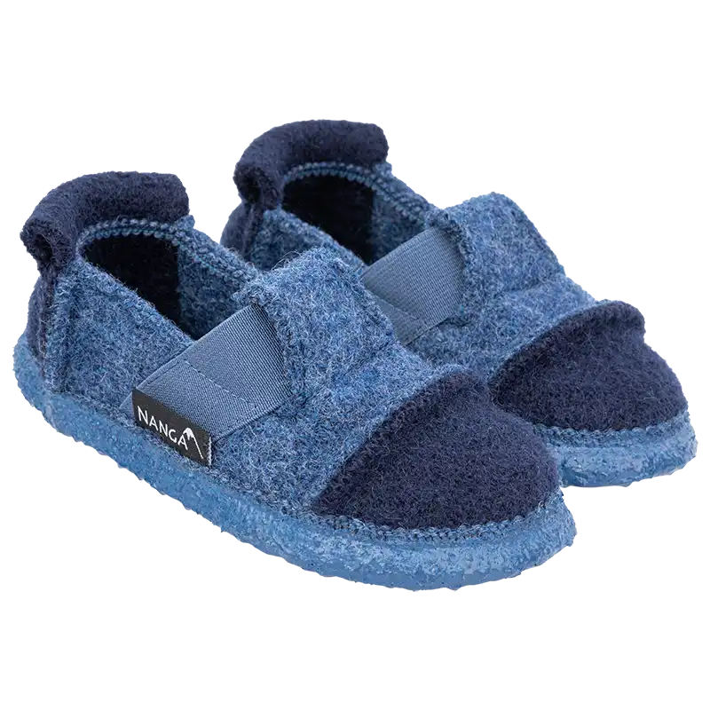 Coole Nanga Hausschuhe in Dunkelblau aus Wolle. Kinderhausschuhe mit Gummiband, Ansicht von der Seite