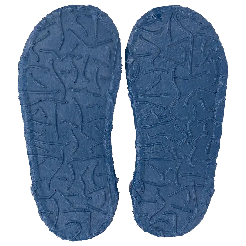 Coole Nanga Hausschuhe in Dunkelblau aus Wolle. Kinderhausschuhe mit Gummiband, Ansicht der Sohle