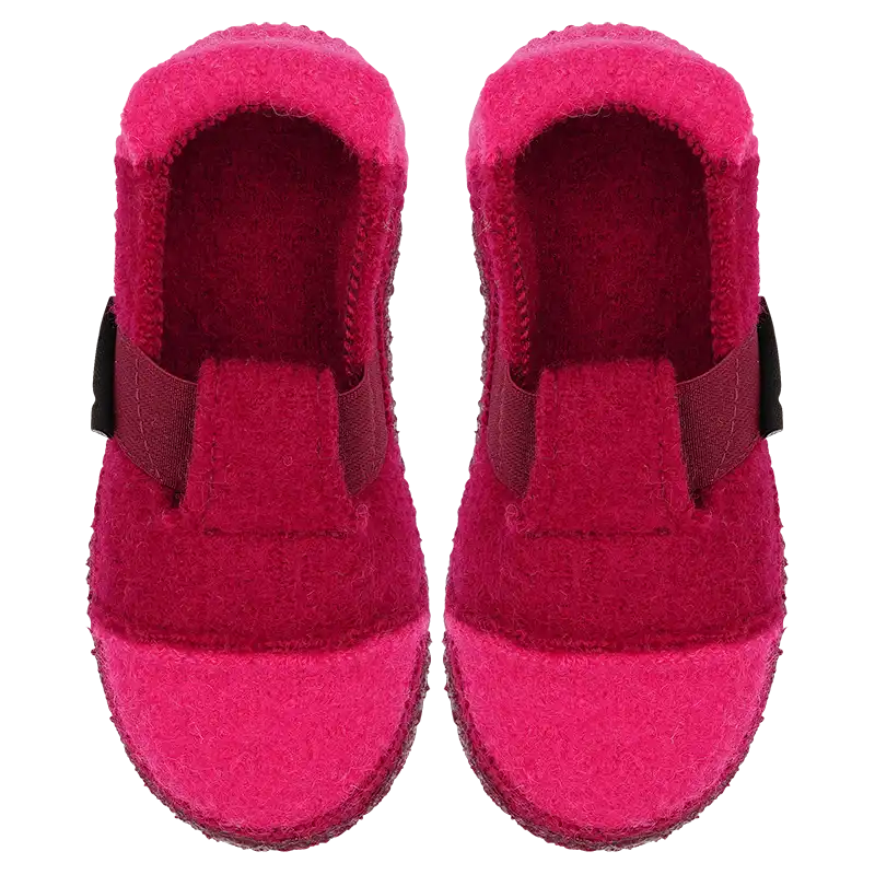 Coole Nanga Hausschuhe in Rot aus Wolle. Kinderhausschuhe mit Gummiband, Ansicht von oben