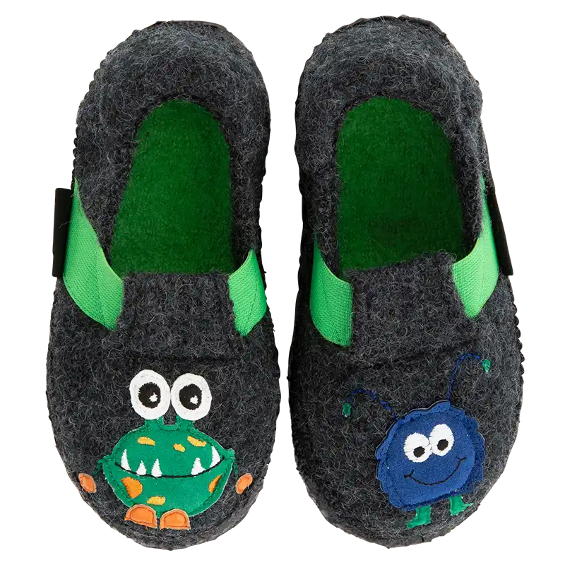 Weiche Nanga Monster Hausschuhe aus Wolle. Kinderhausschuhe mit Gummiband, Ansicht von oben