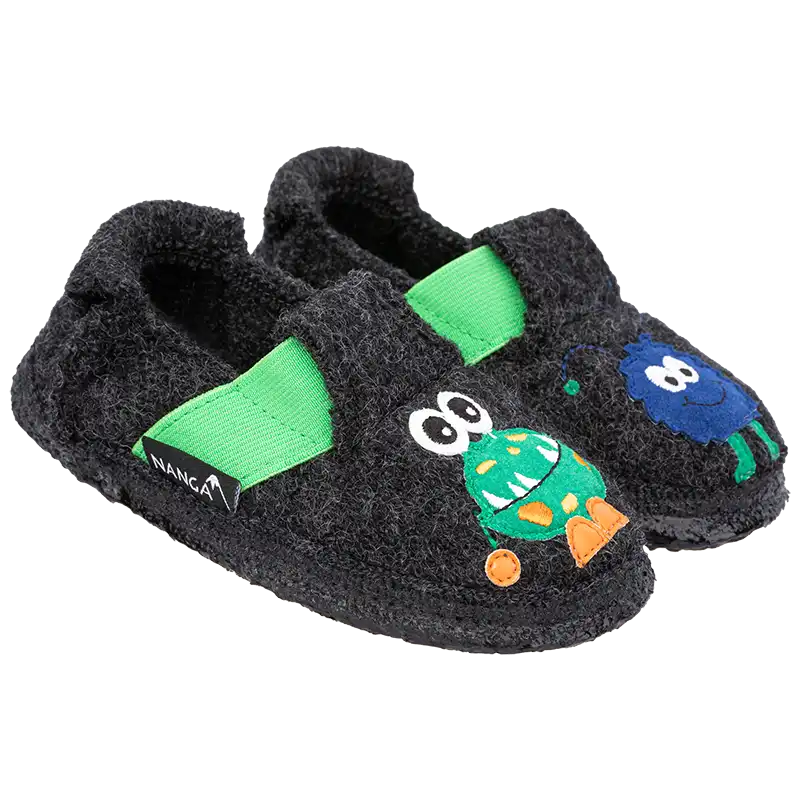 Weiche Nanga Monster Hausschuhe aus Wolle. Kinderhausschuhe mit Gummiband, Ansicht von der Seite