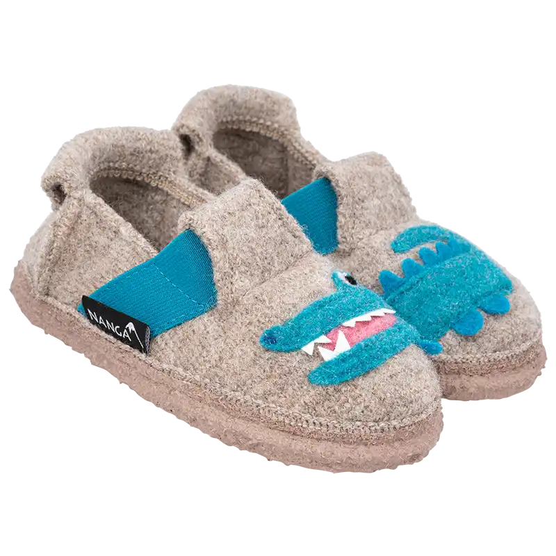 Weiche Nanga Krokodil Hausschuhe aus Wolle. Kinderhausschuhe mit Gummiband, Ansicht von der Seite