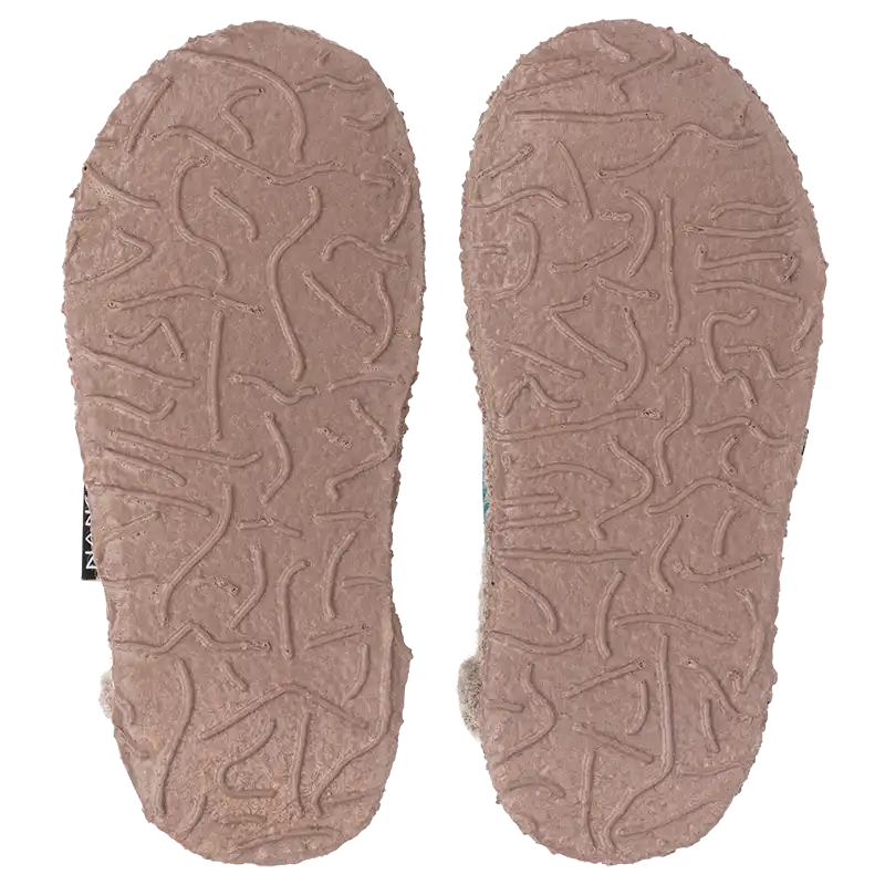 Weiche Nanga Krokodil Hausschuhe aus Wolle. Kinderhausschuhe mit Gummiband, Ansicht der Sohle