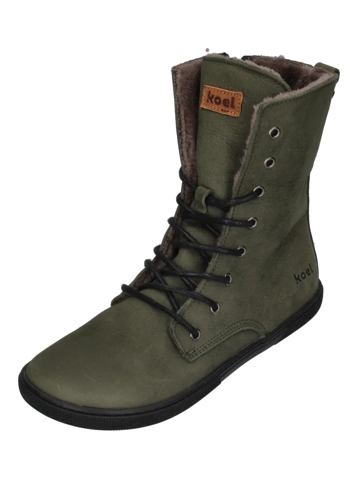 Koel Women Barefoot Faro Barfuß-Schnürstiefelette mit Reißverschluss Khaki Lammfell-Futter - keks.