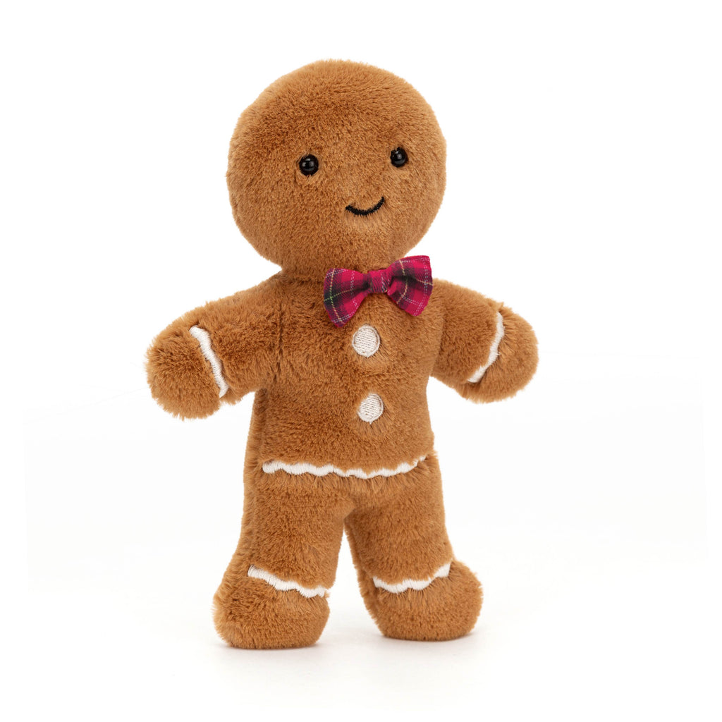 Jellycat Jolly Gingebread Fred Original (2024) Kuscheltier - braun in Lebkuchenmann-Form mit weißen Zuckerschrift-Details und einer rot karierten Fliege/Schleife am Hals, ideal als Deko in der Weihnachtszeit oder zum Kuscheln für Groß und klein, jetzt online kaufen oder im keks. Kinderschuhladen Bielefeld.