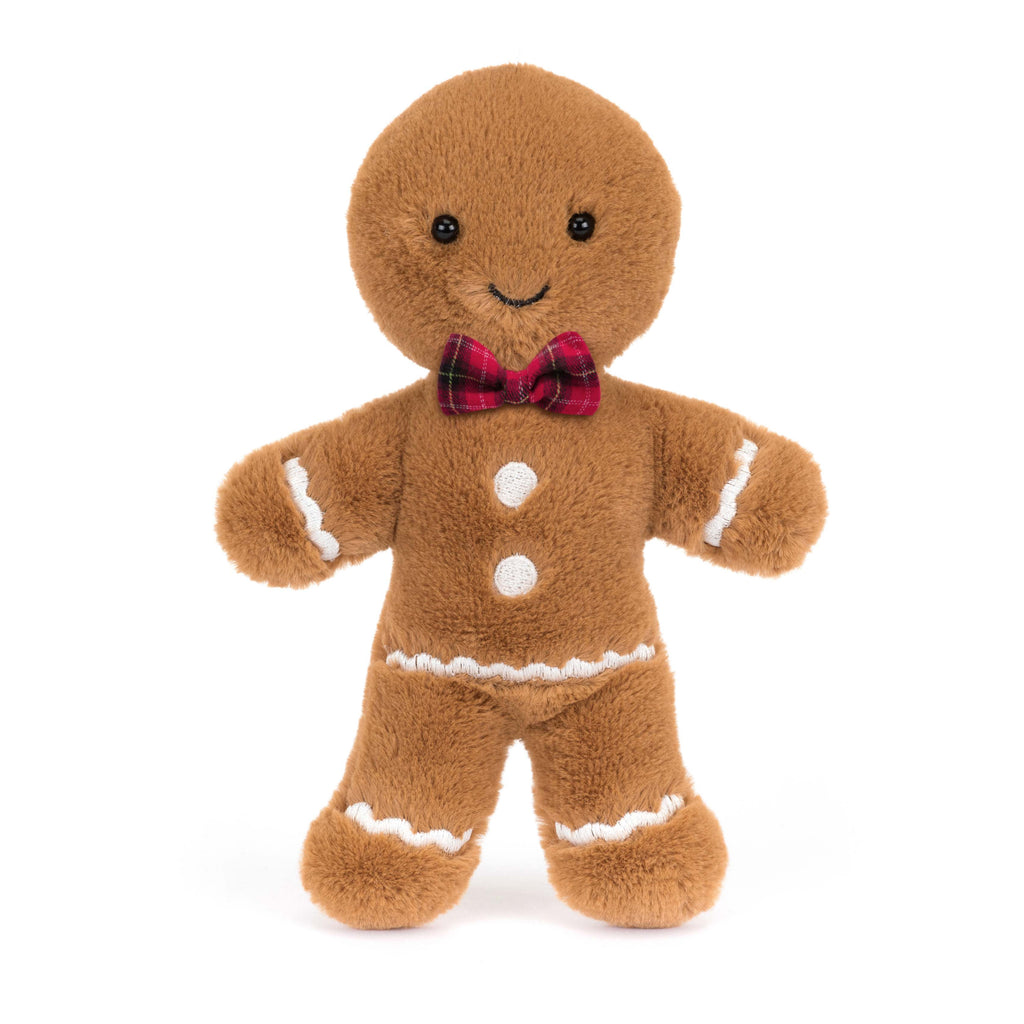 Jellycat Jolly Gingebread Fred Original (2024) Kuscheltier - braun in Lebkuchenmann-Form mit weißen Zuckerschrift-Details und einer rot karierten Schleife am Hals, ideal als Deko in der Weihnachtszeit oder zum Kuscheln für Groß und klein, jetzt online kaufen oder im keks. Bielefeld.