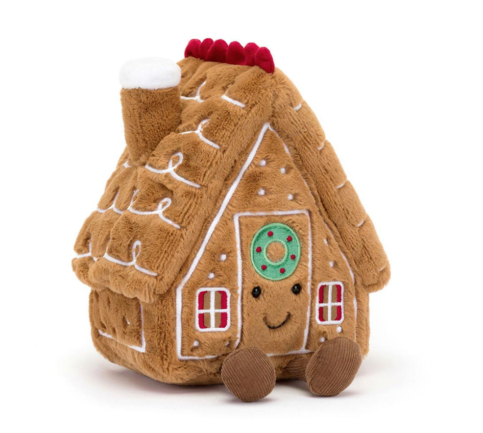 Jellycat Amuseables Gingerbread House A2GHO, eine kuschelige Plüschfigur in Form eines Lebkuchenhauses