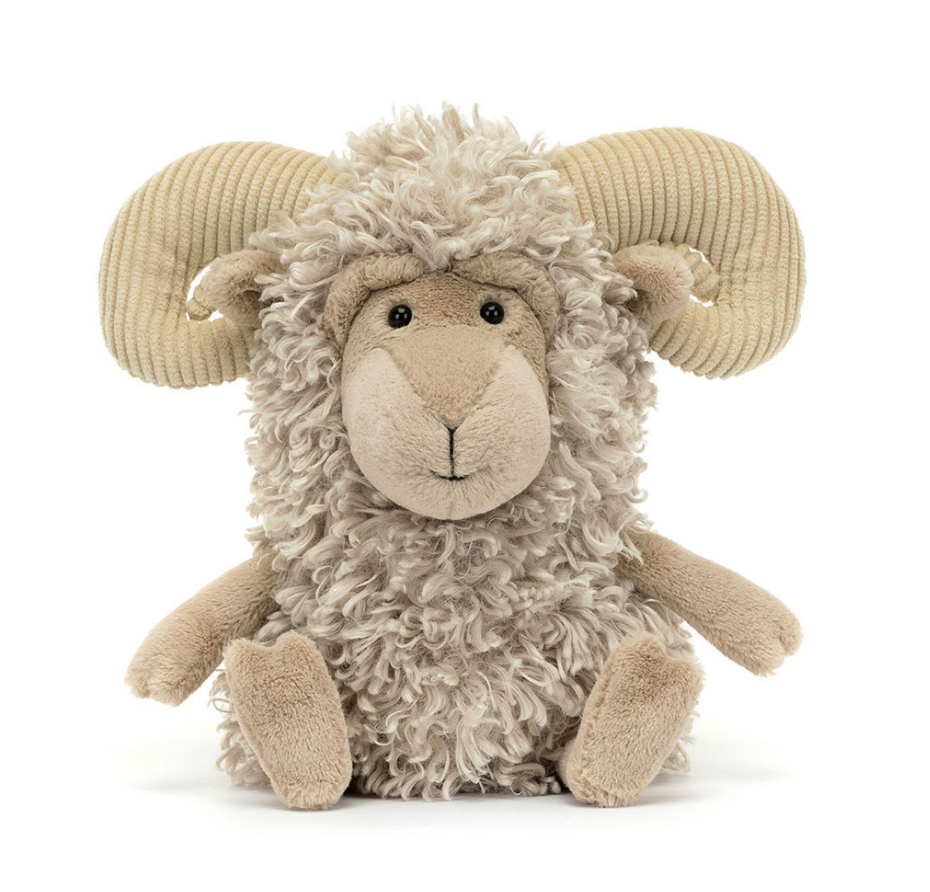 Jellycat Ramsley Sheep LH2S, super flauschiges Plüsch Schaf mit Hörnern aus Cord Stoff