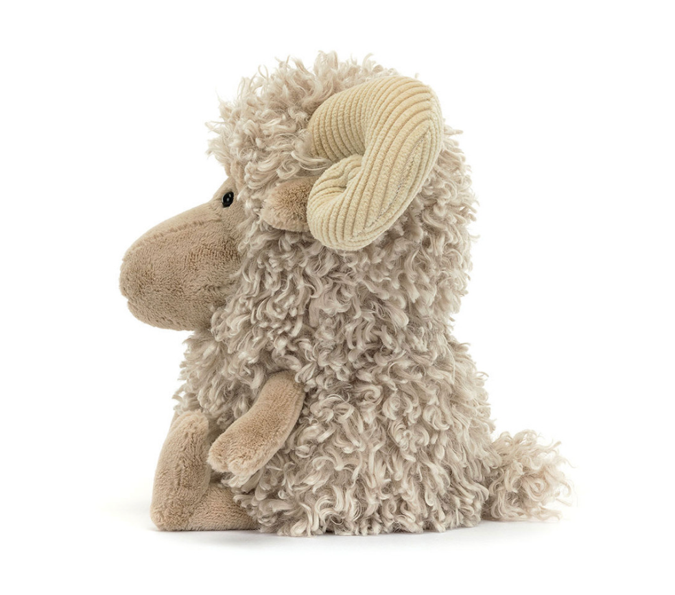 Jellycat Ramsley Sheep LH2S, super flauschiges Plüsch Schaf mit Hörnern aus Cord Stoff