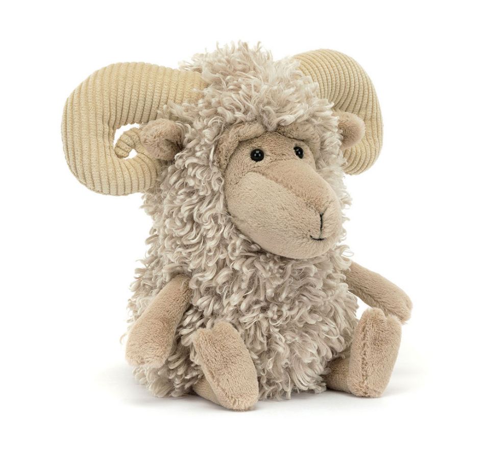 Jellycat Ramsley Sheep LH2S, super flauschiges Plüsch Schaf mit Hörnern aus Cord Stoff