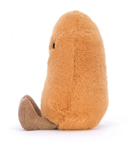 Kuschelige Jellycat Bohne aus orangenem Plüsch mit braunen Beinchen aus Feincord, aufgesticktem Lcheln und schwarzen Kunststoffaugen. Ansicht von der Seite