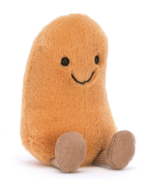 Kuschelige Jellycat Bohne aus orangenem Plüsch mit braunen Beinchen aus Feincord, aufgesticktem Lcheln und schwarzen Kunststoffaugen. schräge Frontansicht