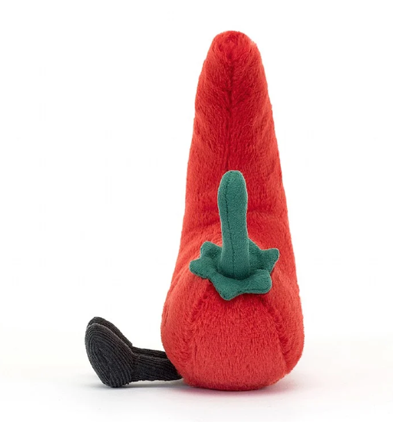 Jellycat Amuseables Chili Pepper Kuscheltier – weiches Plüschtier in Form einer roten Chilischote mit süßem Gesicht, perfekt als Geschenk für Kinder oder dekorativer Begleiter. Jetzt Jellycat Kuscheltier online kaufen im keks. Kinderschuhladen Bielefeld. Seitansicht