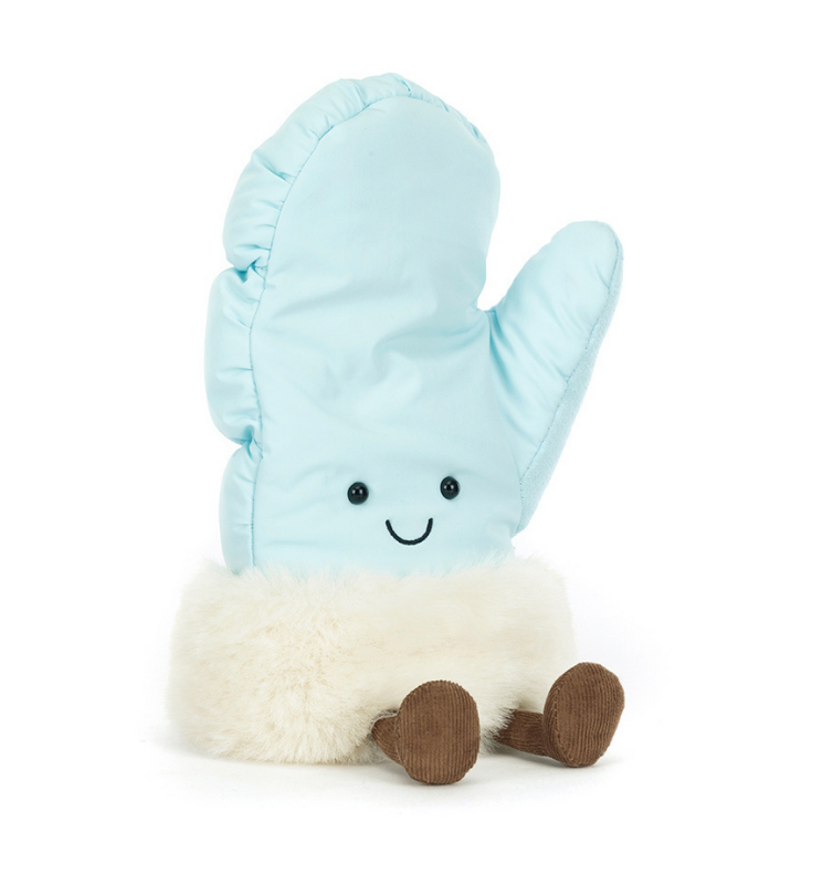 Jellycat Amuseables Mitten Plüschfigur. Hellblauer Handschuh mit weißem Plüschbesatz, gesticktem Jellycat Logo, braunen Füßchen und geste cktem Gesicht für Jellycat-Liebhaber, jetzt online kaufen beim keks. Bielefeld