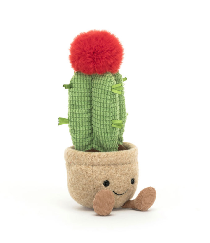 Jellycat Amuseables Moon Cactus Kuscheltier – weiches Plüschtier in Form eines grünen Kaktus mit roter Blüte mit süßem Gesicht, perfekt als Geschenk für Kinder oder dekorativer Begleiter. Jetzt Jellycat Kuscheltier online kaufen im Kinderschuhladen.