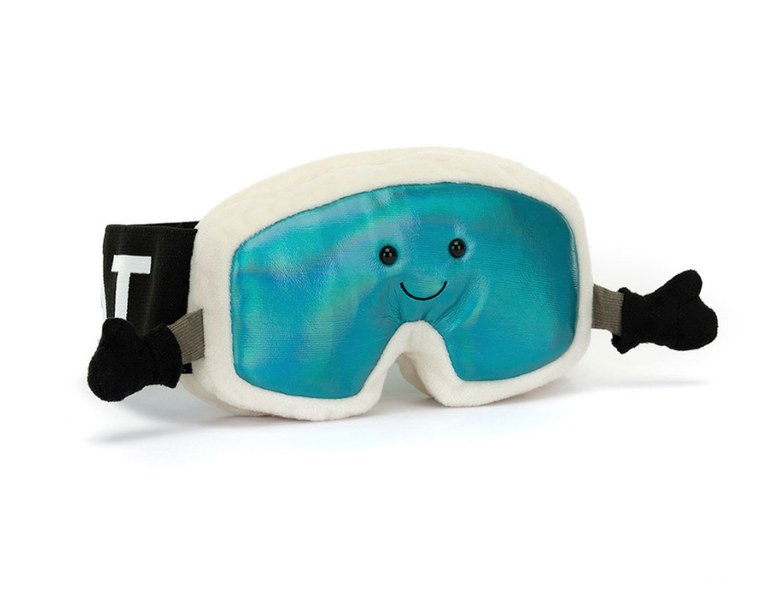 Jellycat Amuseables Sports Ski Goggles Plüschfigur. Plüschtier in Form einer Skibrille inschwarz, weiß blau mit Händen und gesticktem Gesicht, perfekt für Jellycat-Fans und als Deko in der Winterzeit, jetzt online kaufen oder offline im keks. Kinderschuhladen