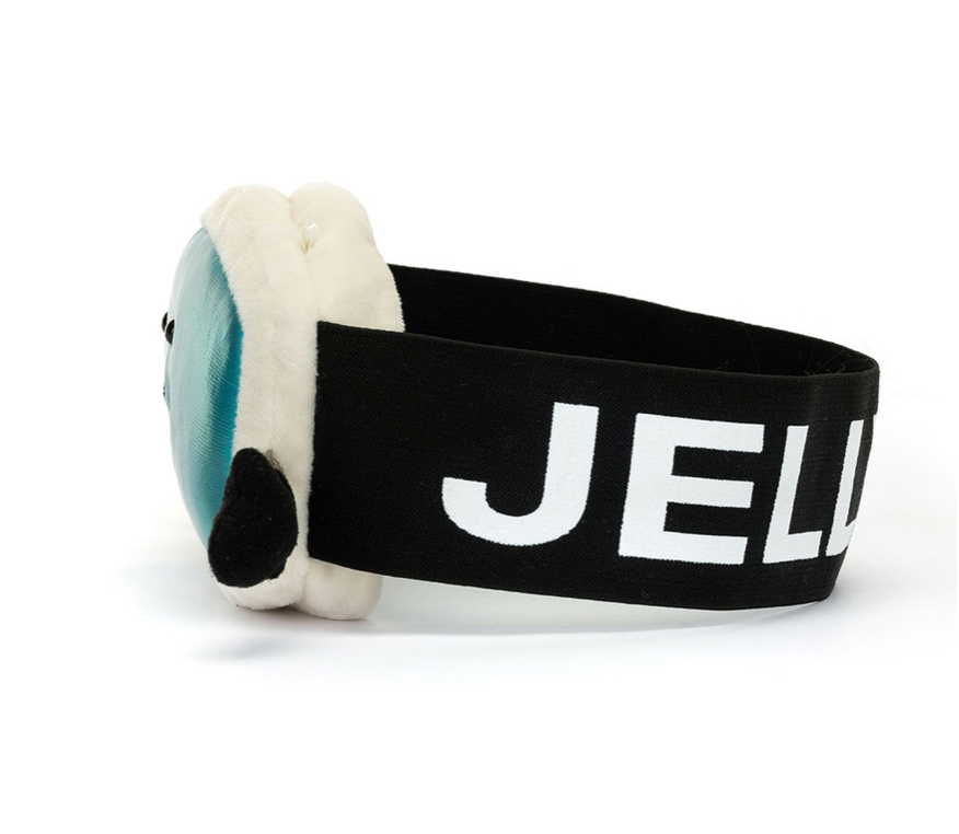 Jellycat Amuseables Sports Ski Goggles Plüschfigur. Plüschtier in Form einer Skibrille inschwarz, weiß blau mit Händen und gesticktem Gesicht, perfekt für Jellycat-Fans und als Deko in der Winterzeit, jetzt online kaufen oder offline im keks. Kinderschuhladen