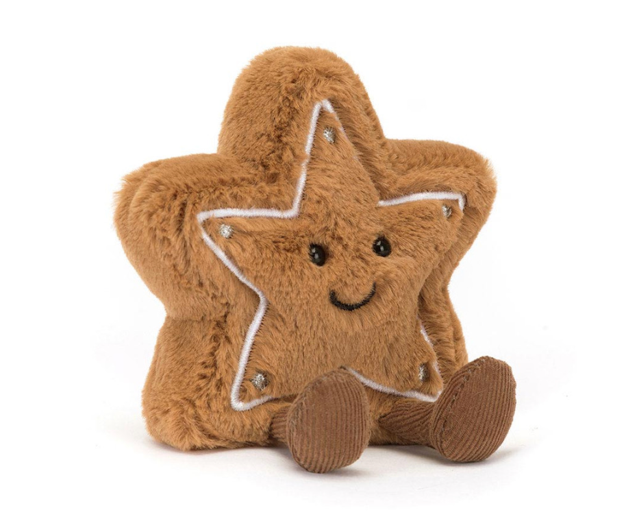 Jellycat Amuseables Star Cookie, kleiner kuscheliger brauner Keks, er lacht süß.