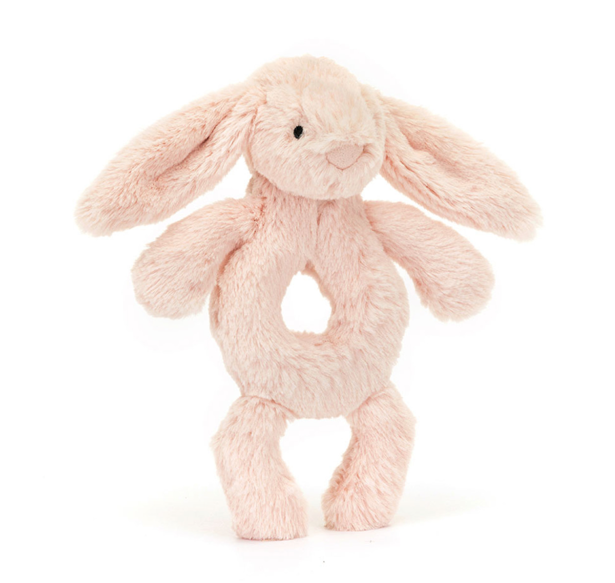 Jellycat Bashful Blush Bunny Ring Rattle – rosane Baby-Rassel als Plüschhase mit weichen Öhrchen, Frontansicht