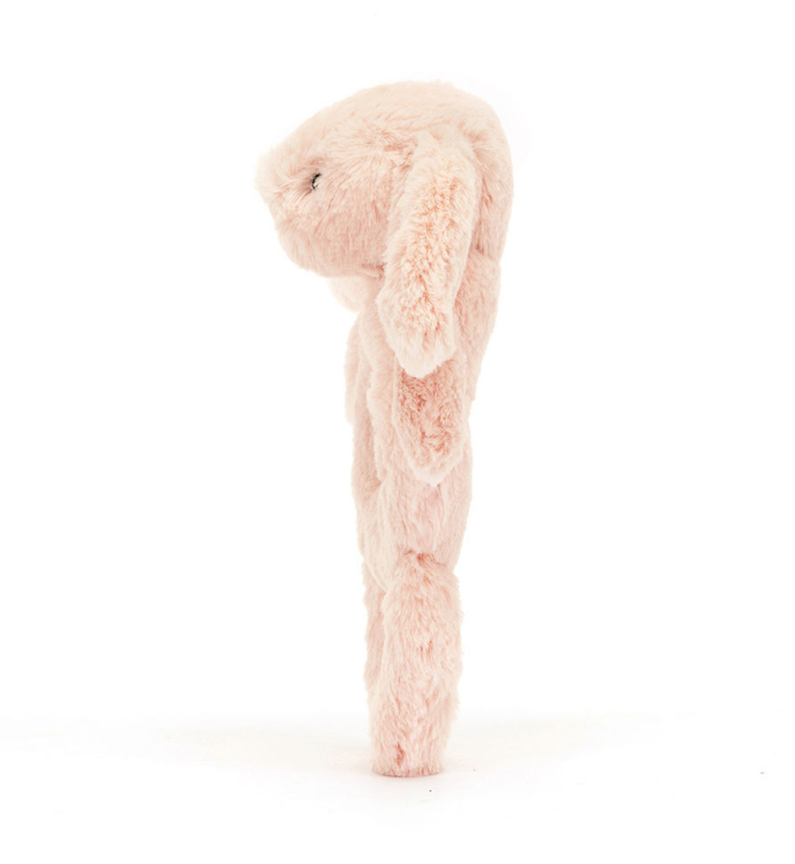 Jellycat Bashful Bunny Rassel rosa – Detailansicht des Hasengesichts mit gestickten Augen und Lächeln