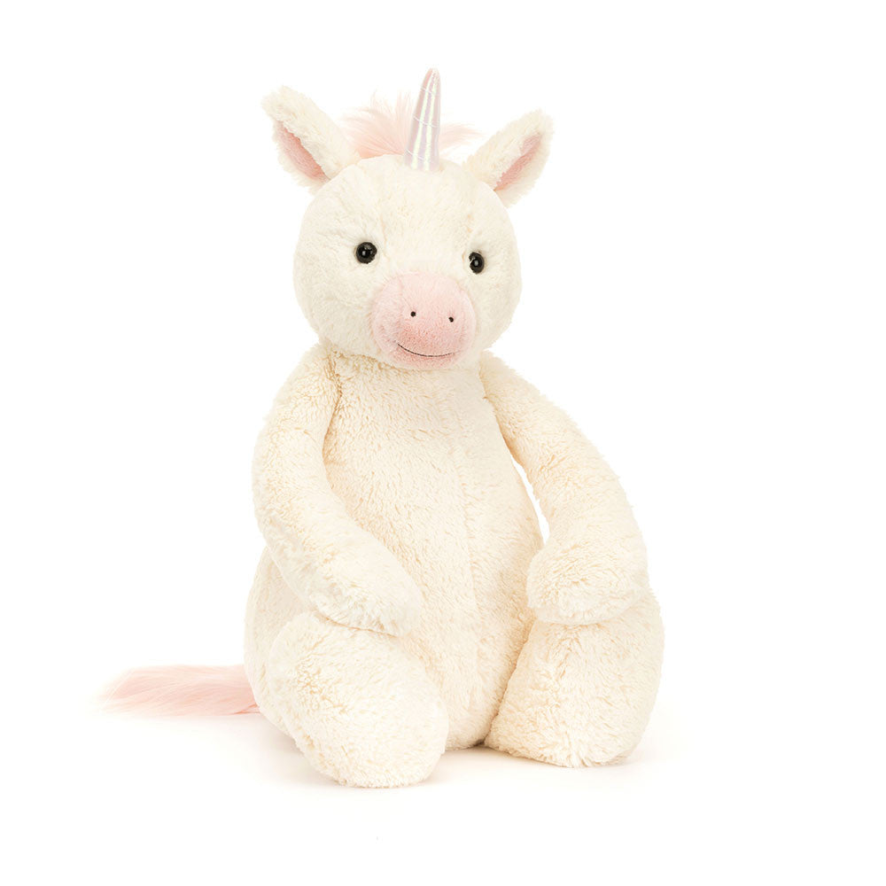 Riesiges flauschiges Jellycat Bashful Unicorn in Weiß mit lächelndem Gesicht und glänzendem Einhorn, Vorderansicht