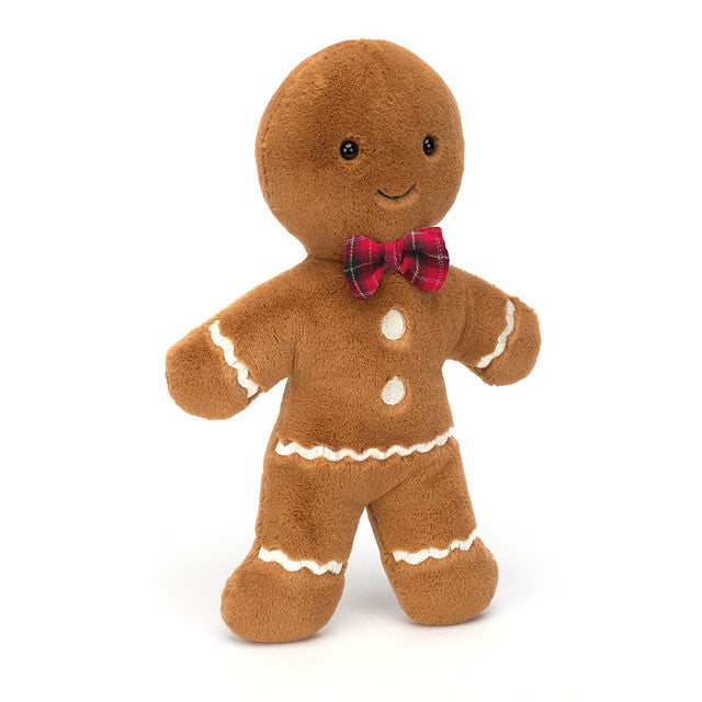 Jellycat Jolly Gingebread Fred Large (2024) Kuscheltier - braun in Lebkuchenmann-Form mit weißen Zuckerschrift-Details und einer rot karierten Fliege/Schleife am Hals, ideal als Deko in der Weihnachtszeit oder zum Kuscheln für Groß und klein, jetzt online kaufen oder im keks. Kinderschuhladen Bielefeld.