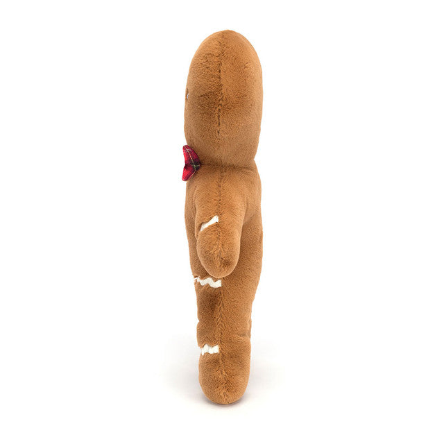 Jellycat Jolly Gingebread Fred Large (2024) Kuscheltier - braun in Lebkuchenmann-Form mit weißen Zuckerschrift-Details und einer rot karierten Schleife am Hals, ideal als Deko in der Weihnachtszeit oder zum Kuscheln für Groß und klein, jetzt online kaufen oder im keks. Bielefeld.