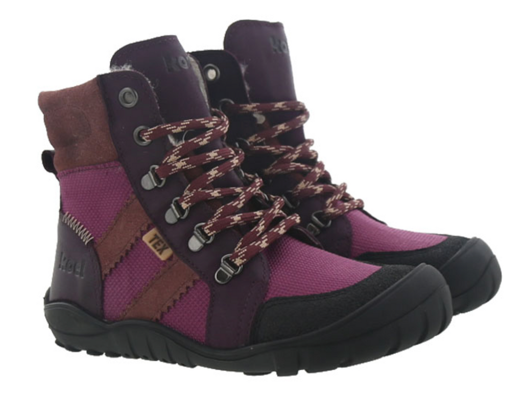 Koel Barfußschuh Wasserdichte Winterboots MILONI HYDRO TEX mit Schnürung und flexiblem Reißverschluss  Rot purple lilla , Foto Paar von der Seite, mit warmem Wollfutter und robuster Profilsohle