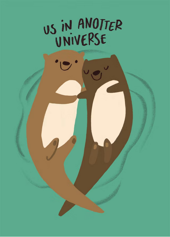 Us in Anotter Universe Postkarte von Slinga Illustrations in türkis mit zwei händchen haltenden Ottern